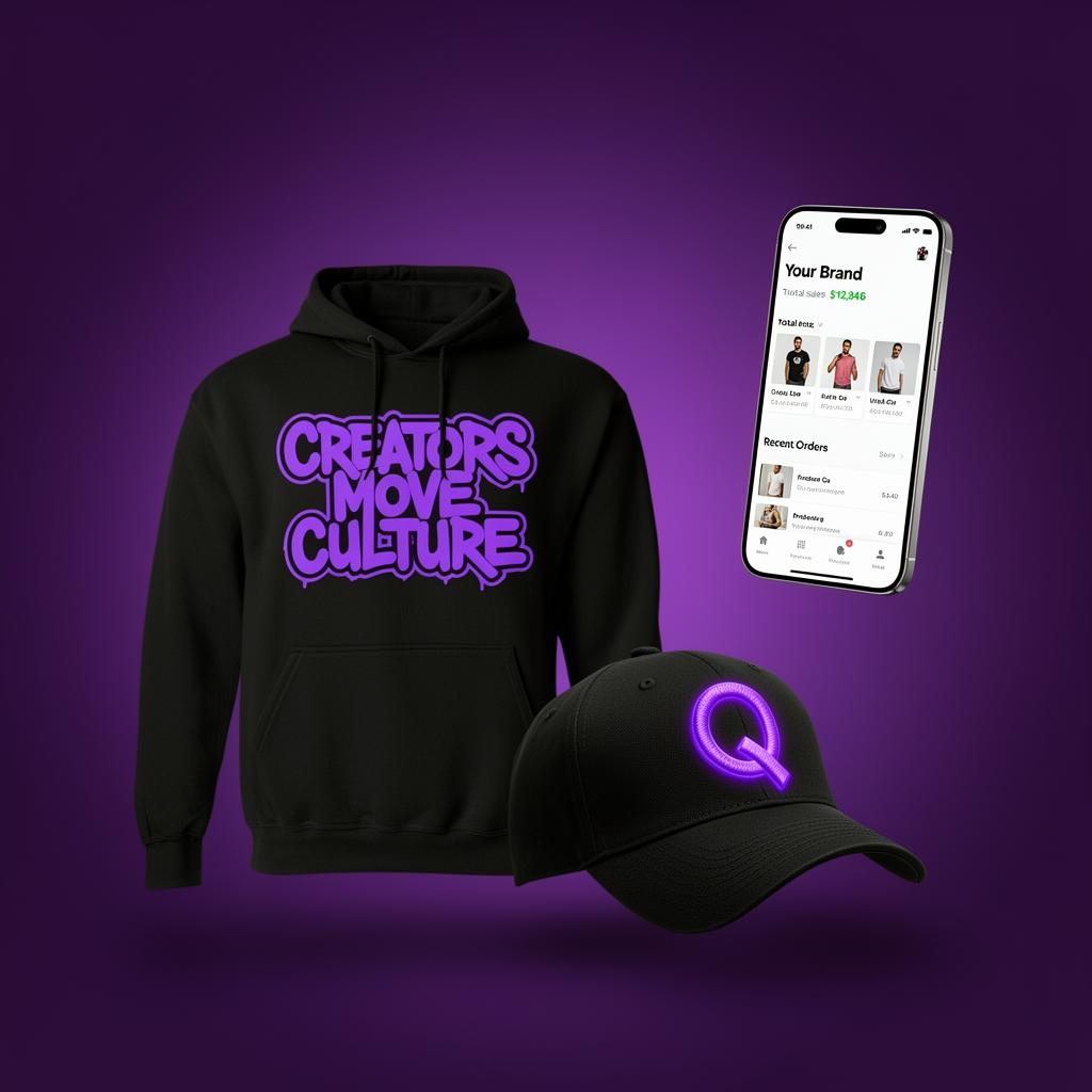 Quinci product samples: a black hoodie reading Creators Move Culture, a black cap with Q monogram, and a phone showing the creator dashboard.